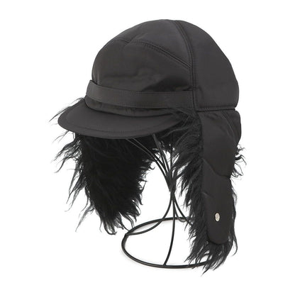 Prada Cap Flight Cap Triangle Logo Nylon Fur L Hat Black — view 2