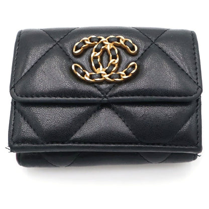 Chanel 19 Trifold Wallet Compact Coin Case Black Red Lambskin Gold