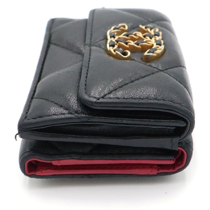 Chanel 19 Trifold Wallet Compact Coin Case Black Red Lambskin Gold — view 3