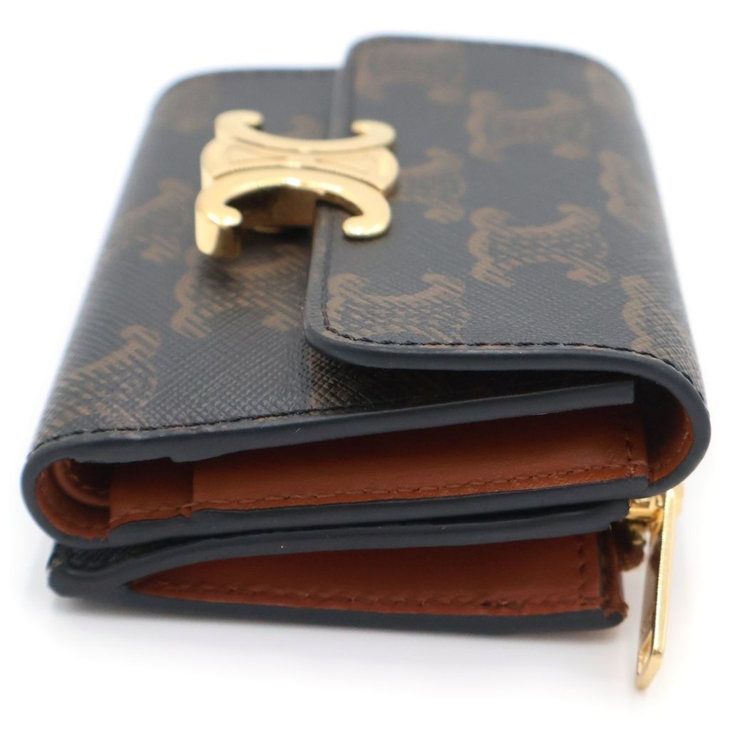 Celine Triomphe Trifold Wallet Compact Coin Case Brown Leather Gold — view 3