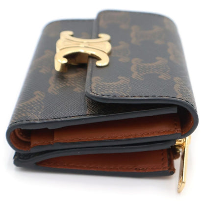 Celine Triomphe Trifold Wallet Compact Coin Case Brown Leather Gold — view 3