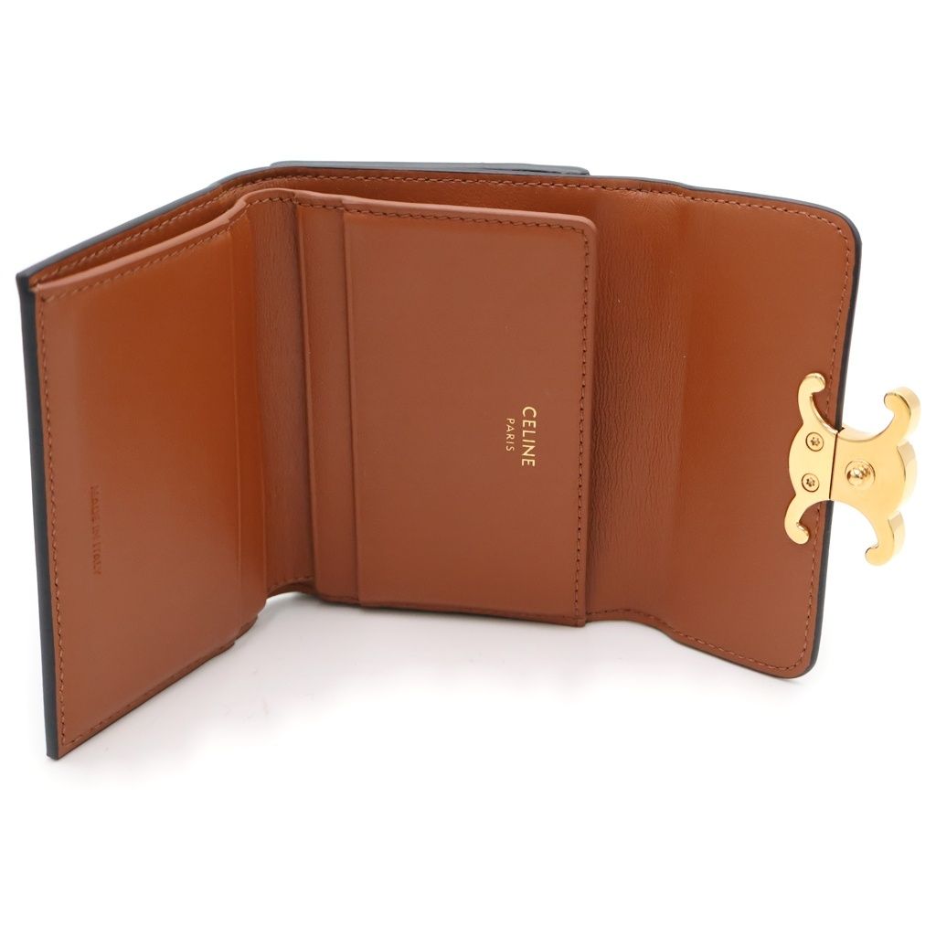 Celine Triomphe Trifold Wallet Compact Coin Case Brown Leather Gold — view 5