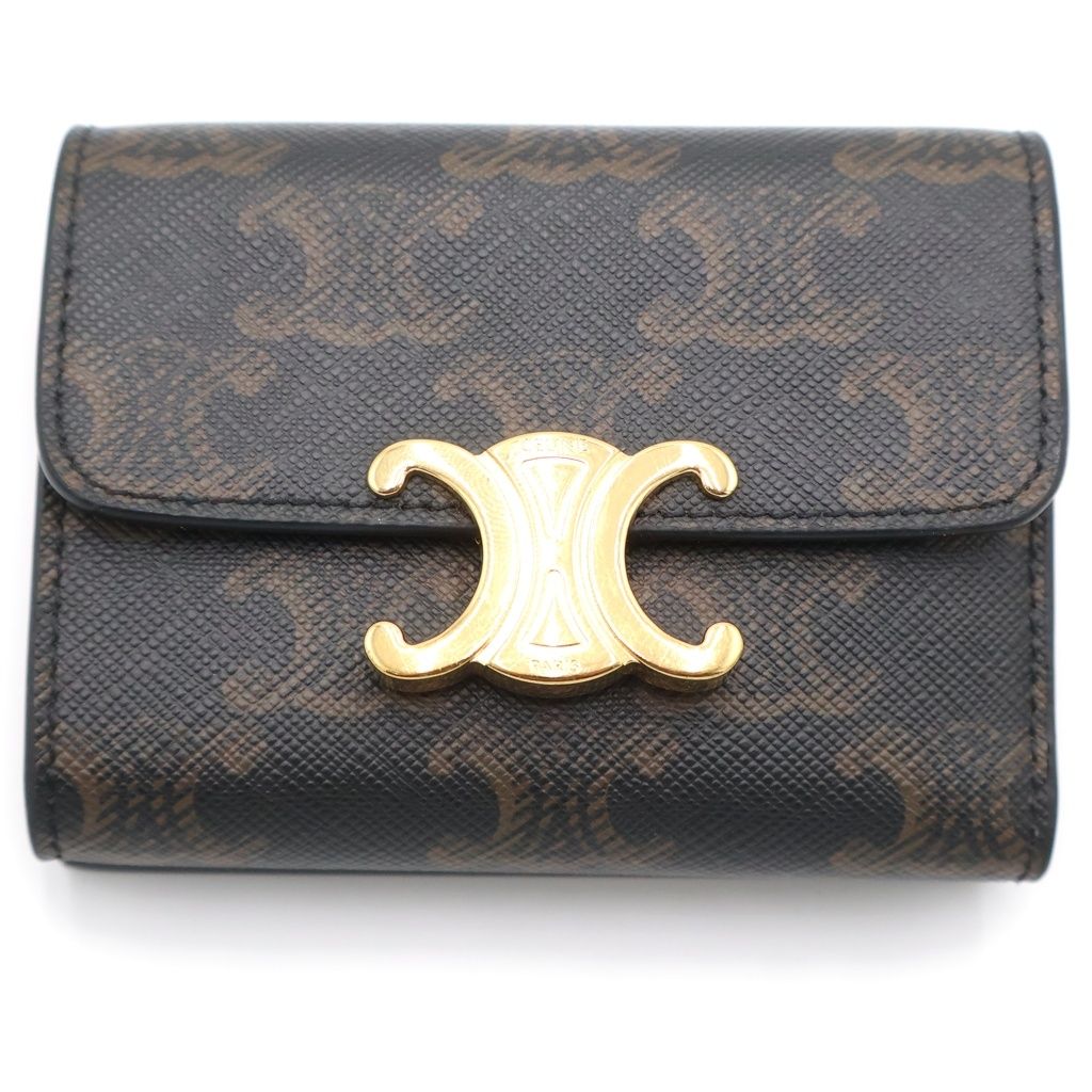 Celine Triomphe Trifold Wallet Compact Coin Case Brown Leather Gold