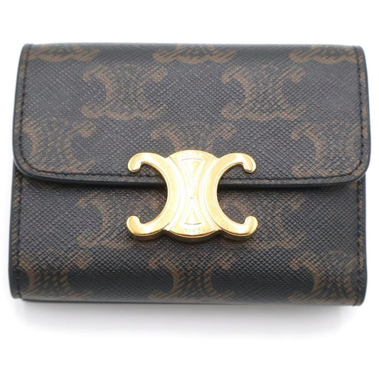Celine Triomphe Trifold Wallet Compact Coin Case Brown Leather Gold