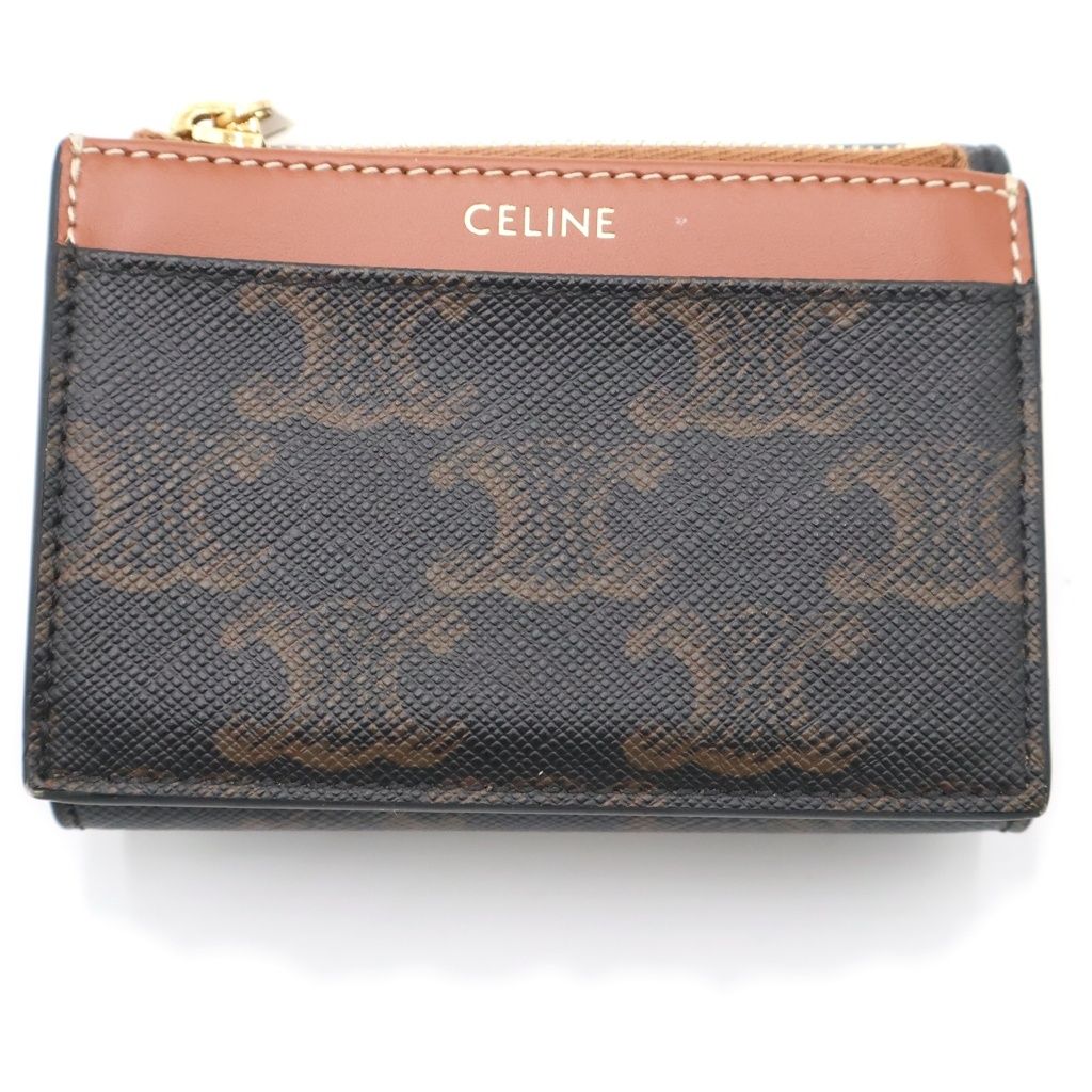 Celine Triomphe Trifold Wallet Compact Coin Case Brown Leather Gold — view 2