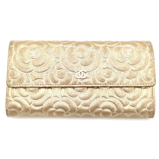 Chanel Camellia Flap Wallet Card Case Gold Leather Silver