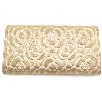 Chanel Camellia Flap Wallet Card Case Gold Leather Silver — view 2