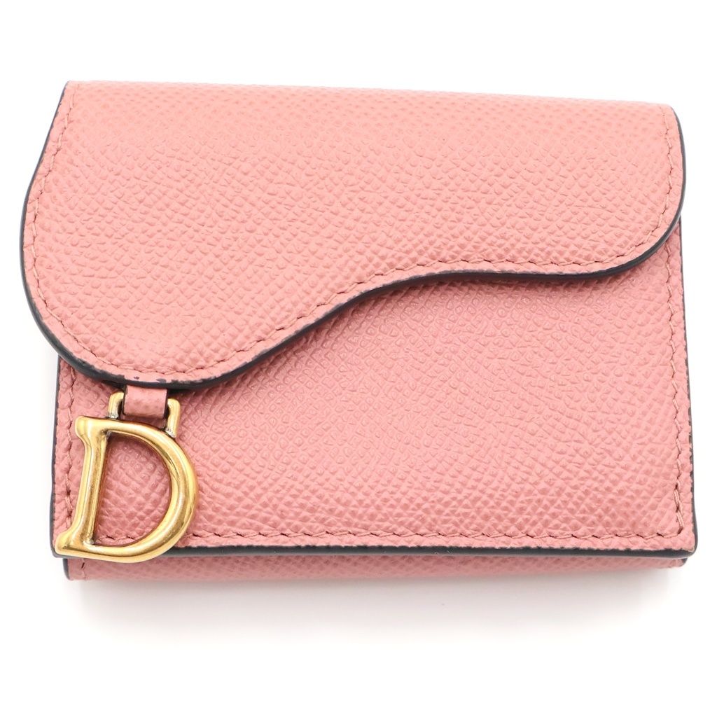 Dior Saddle Leather Lotus Wallet Trifold Compact Coin Case Pink Gold