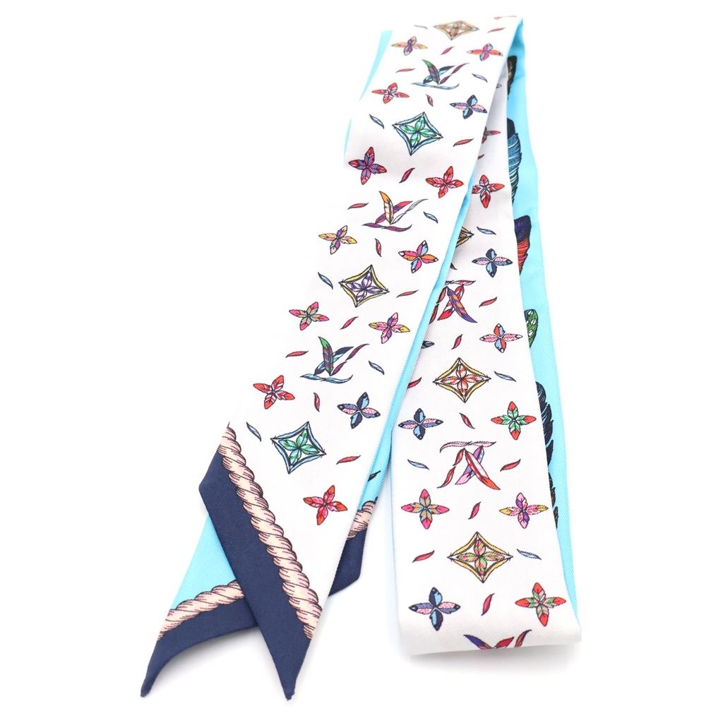 Louis Vuitton Bandeau BB Love Birds Feather Print Twilly Silk Scarf Light Blue — view 2