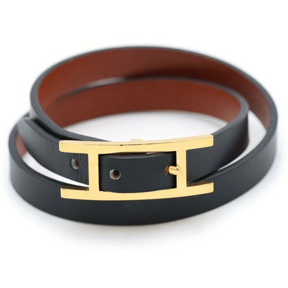 Hermes Behapi Double Tour Leather Bracelet Black Gold — view 5