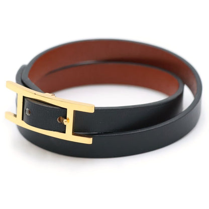 Hermes Behapi Double Tour Leather Bracelet Black Gold