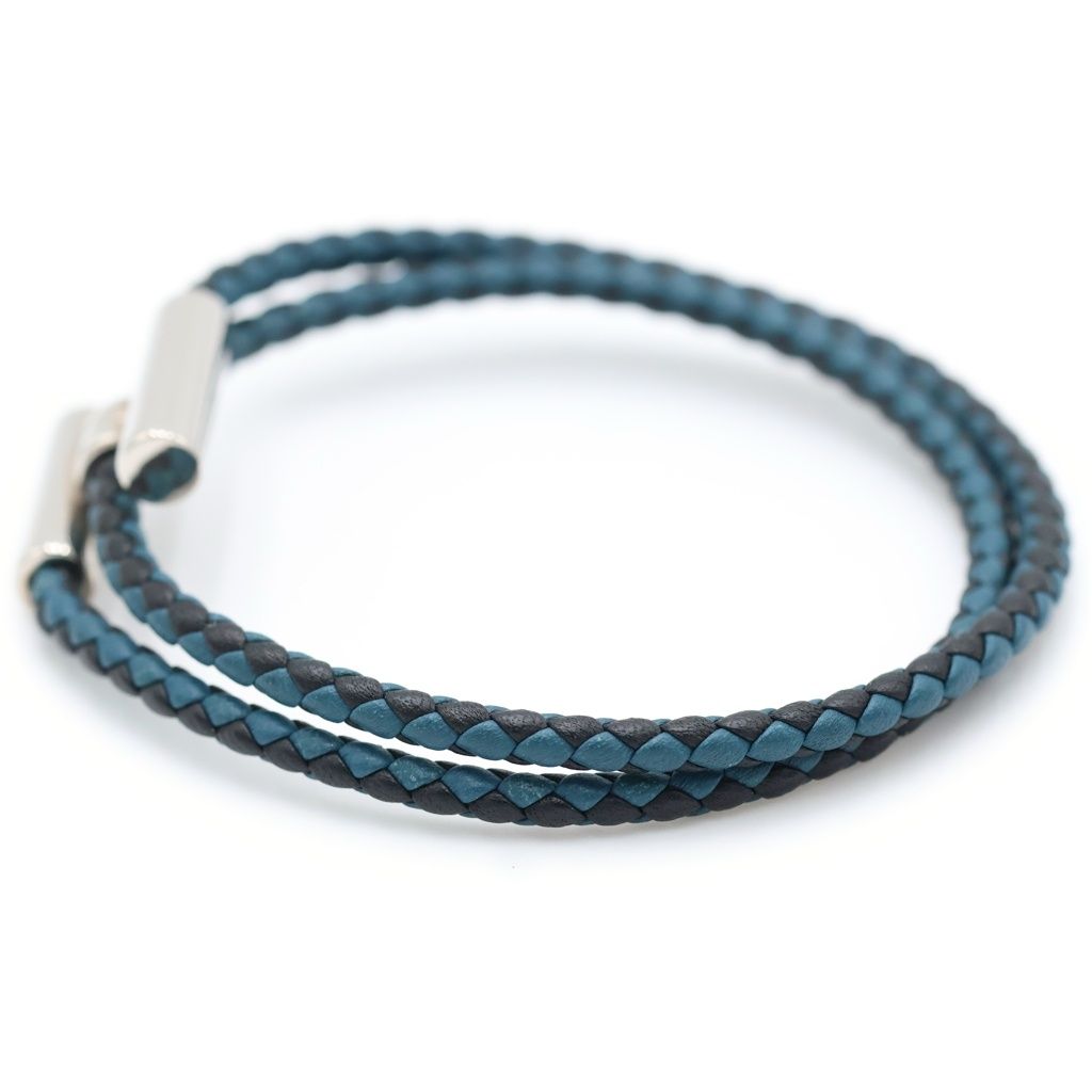 Hermes Tourni Tresse Leather Bracelet Navy Silver — view 4