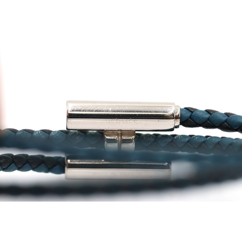 Hermes Tourni Tresse Leather Bracelet Navy Silver — view 6