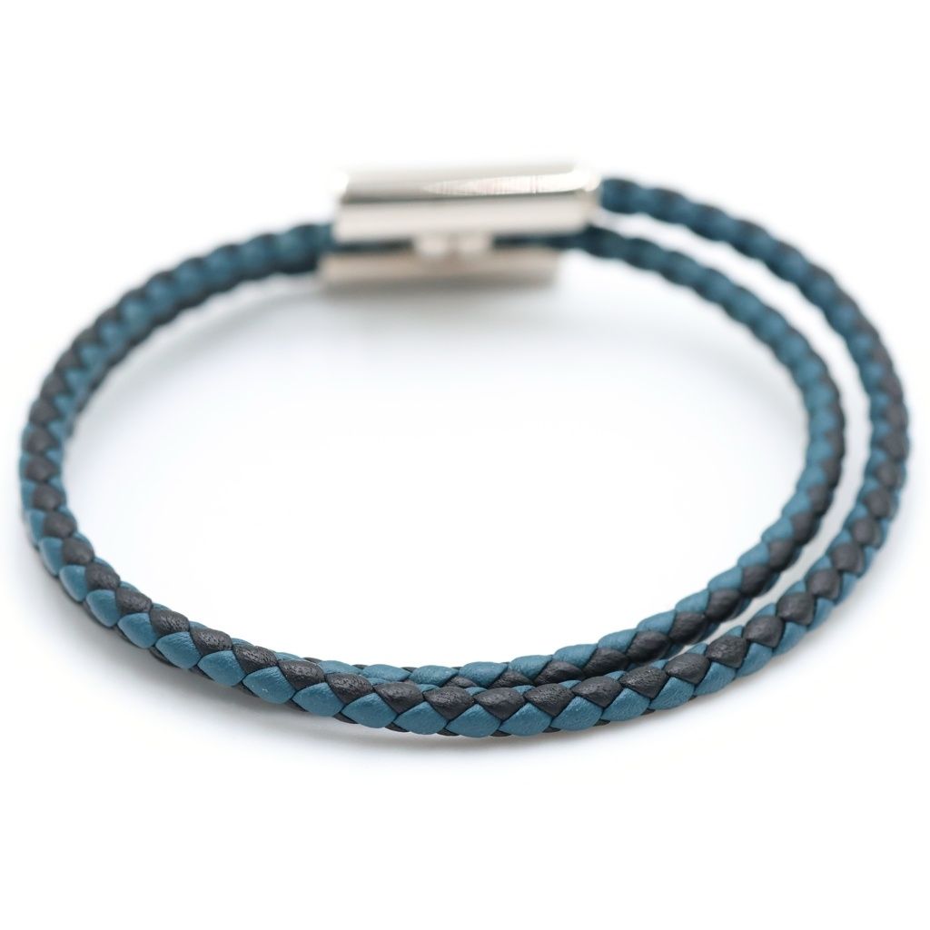 Hermes Tourni Tresse Leather Bracelet Navy Silver — view 2