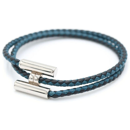 Hermes Tourni Tresse Leather Bracelet Navy Silver