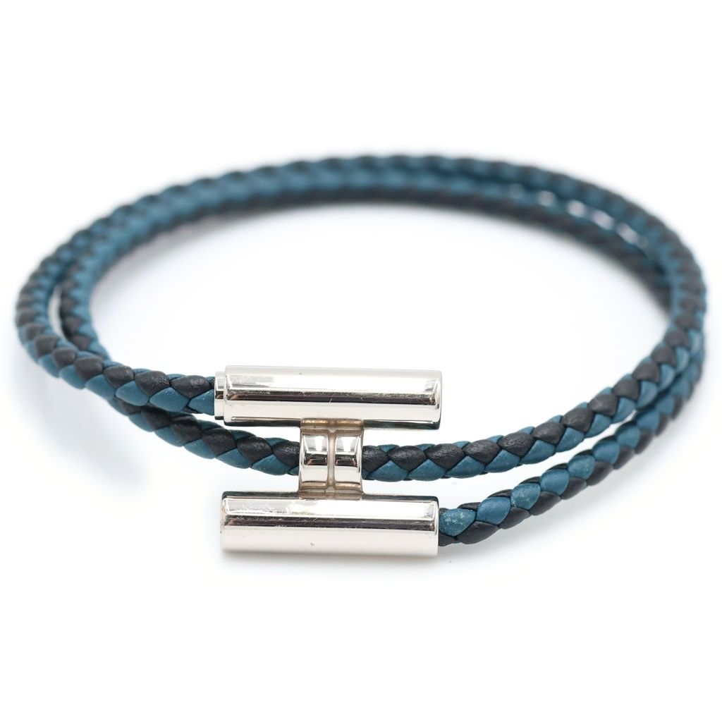 Hermes Tourni Tresse Leather Bracelet Navy Silver — view 5