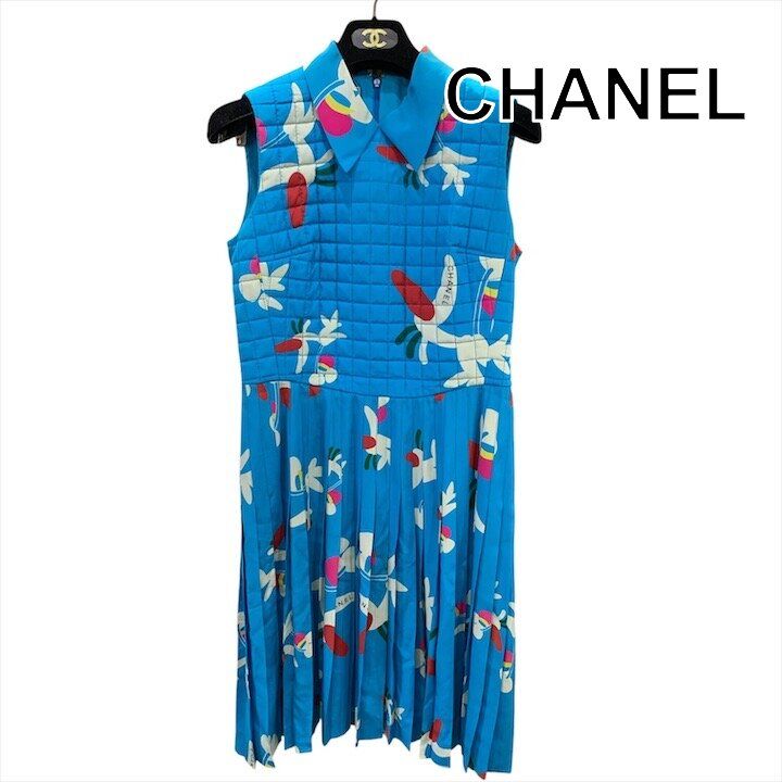 Chanel Choco Bar All Over Sleeveless Silk Dress Blue