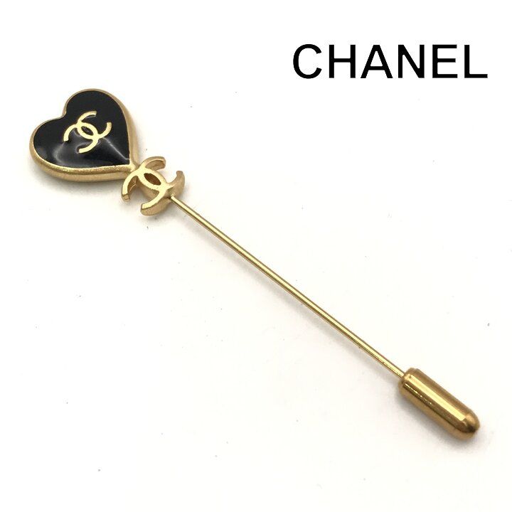 Chanel CC Logo Pin Brooch Heart Motif Vintage Black Gold