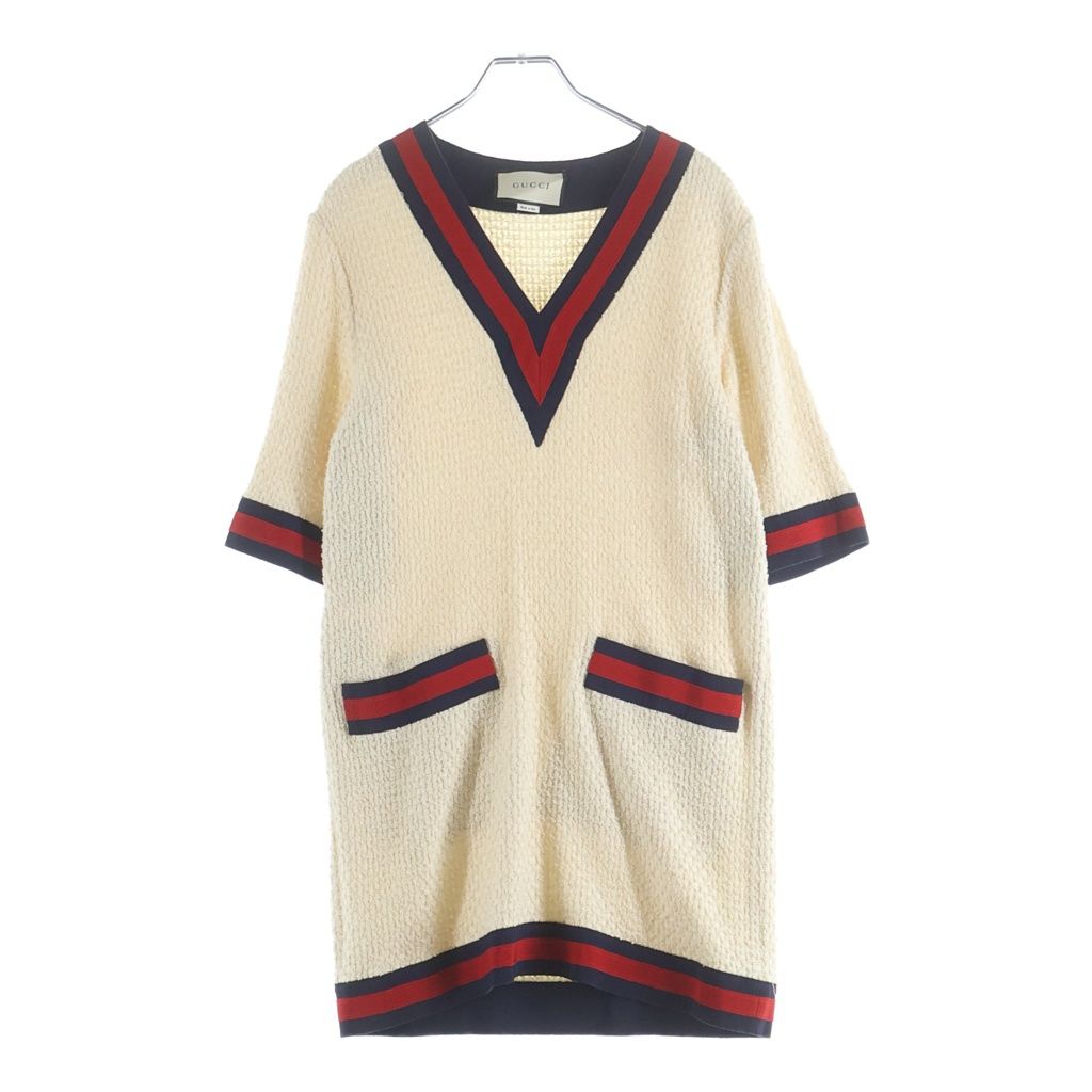 Gucci Sherry Line Neck Tweed Knit Short Sleeve Dress Ivory