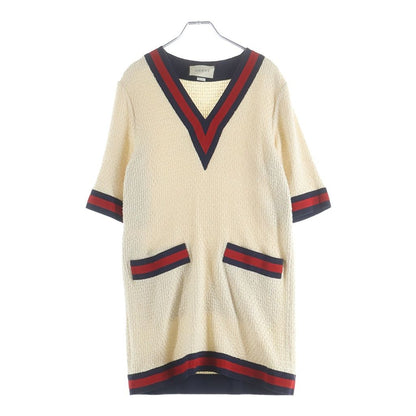 Gucci Sherry Line Neck Tweed Knit Short Sleeve Dress Ivory