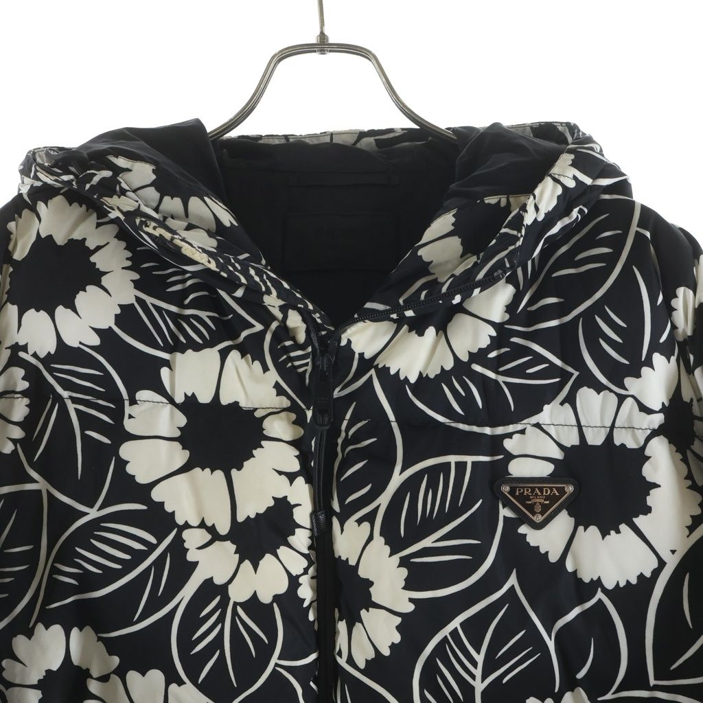 Prada Floral Pattern Down Jacket Triangle Logo Black White — view 3