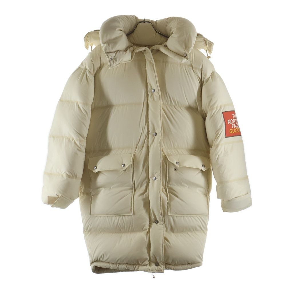Gucci Logo Print Hooded Down Long Coat Ivory