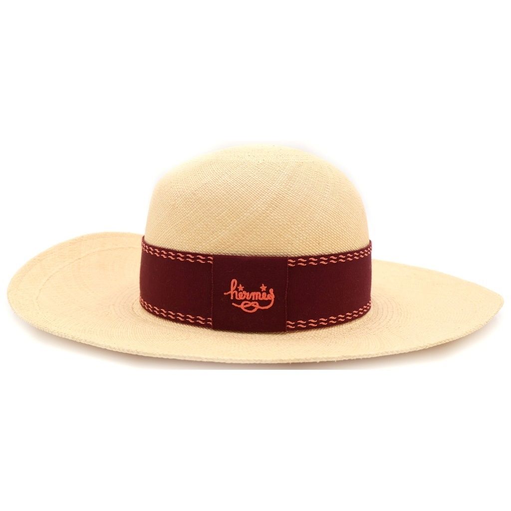 Hermes Trinidad Straw Hat Beige Bordeaux — view 3