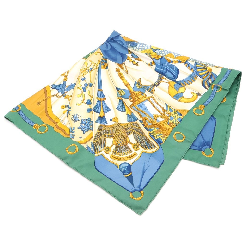 Hermes Carre 90 Scarf Silk Sun Soleil de Soie Green Blue White
