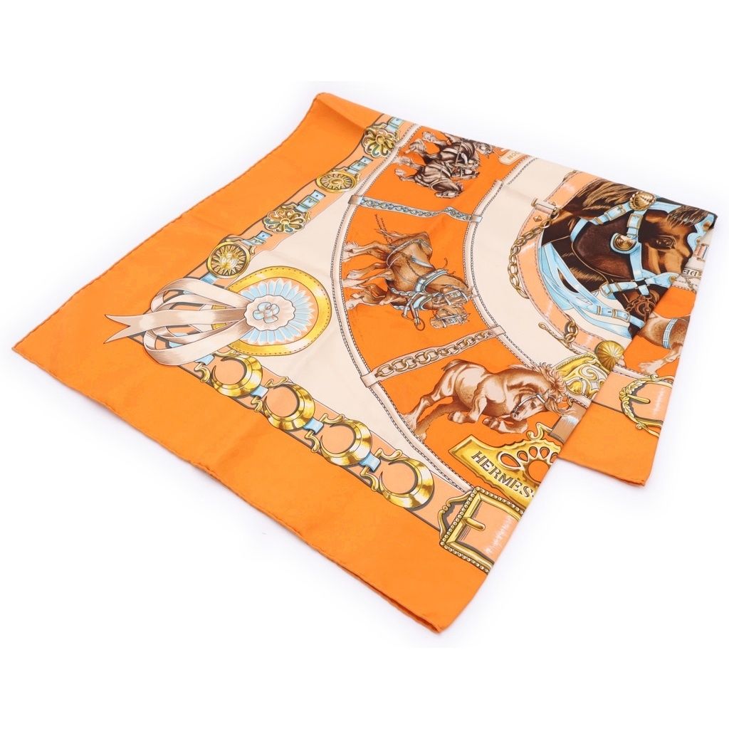 Hermes Carre 90 Chevaux de Trait Mare Orange Silk Scarf