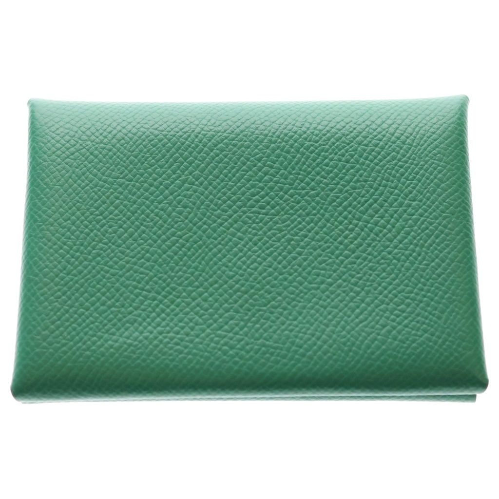 Hermes Calvi Duo Bifold Card Case Vert Vertigo Epsom Green Leather Silver