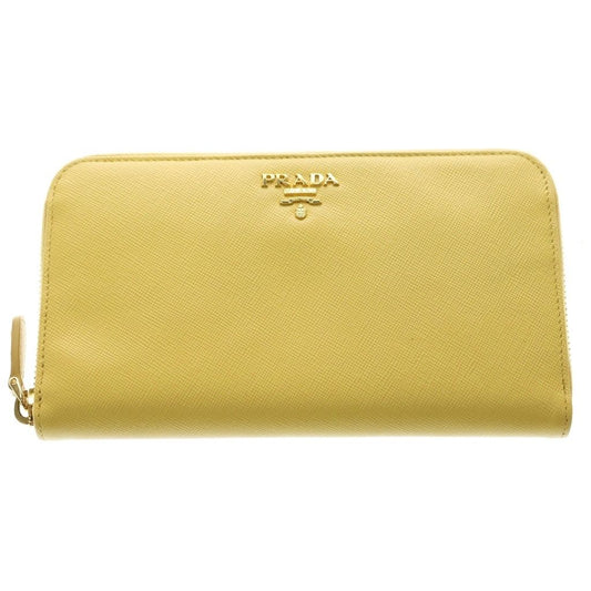 Prada Saffiano Zip Around Wallet Card Case Yellow Leather Gold