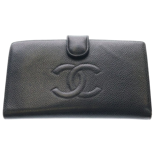 Chanel CC Logo Kiss Lock Wallet Card Case Black Caviar Leather