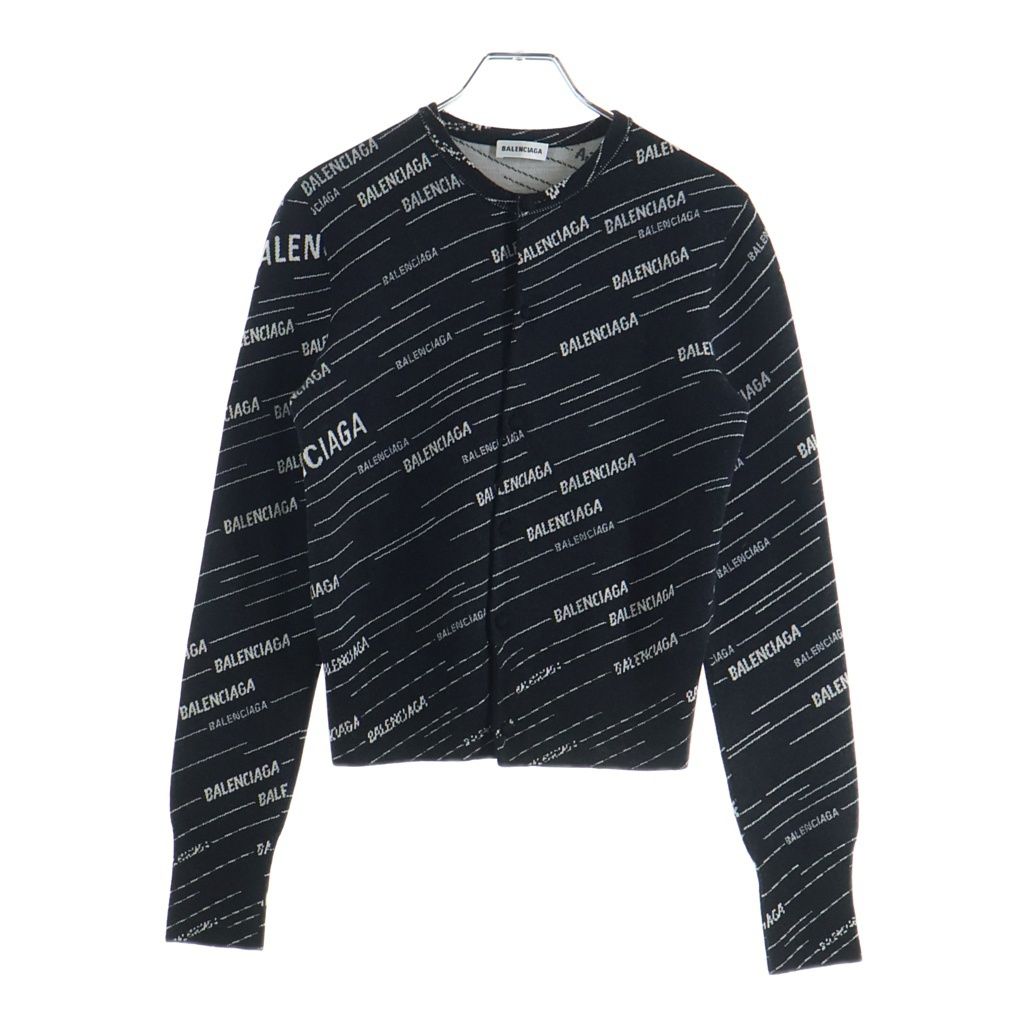 Balenciaga Multi Logo Stripe Jacquard Crew Neck Knit Cardigan Black