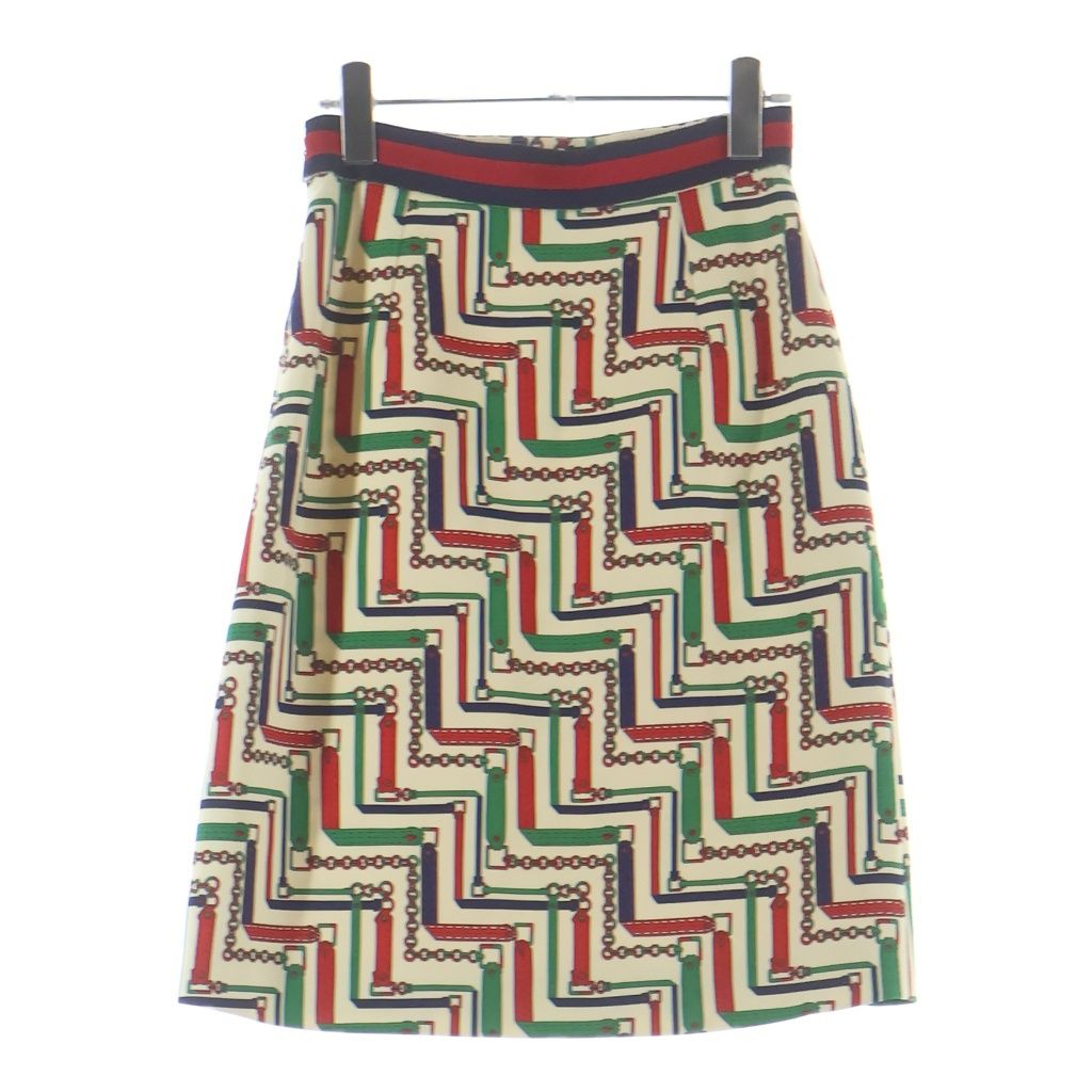 Gucci Chain Belt Pattern Tight Skirt Ivory Green Red 36 — view 2