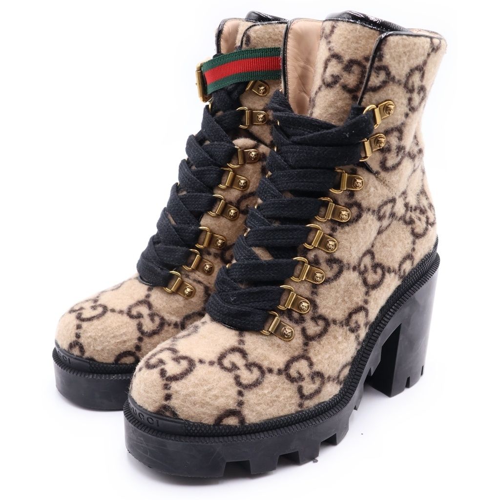 Gucci GG Supreme Wool Heels Trekking Boots Beige — view 2