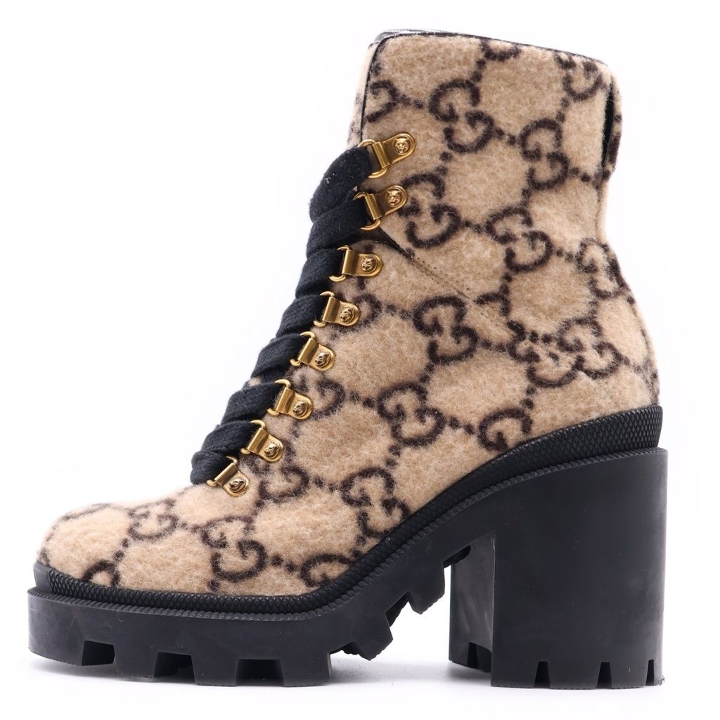 Gucci GG Supreme Wool Heels Trekking Boots Beige