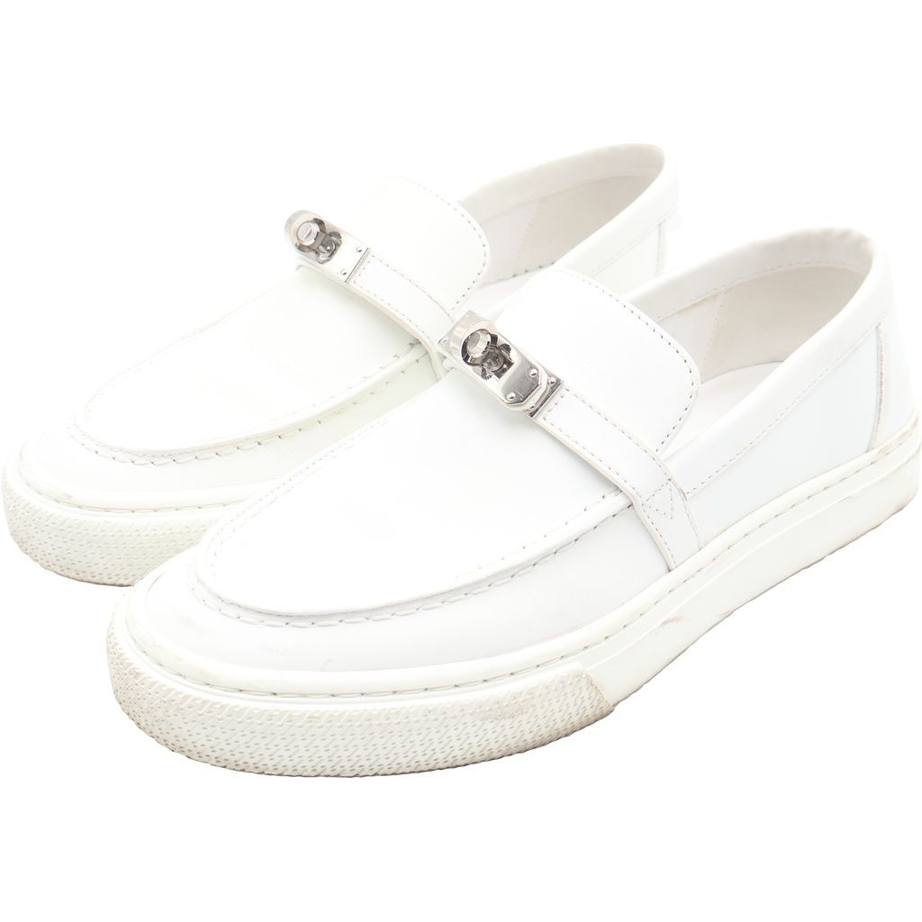 Hermes Game Kelly Buckle Sneakers White Leather Silver Shoes — view 2