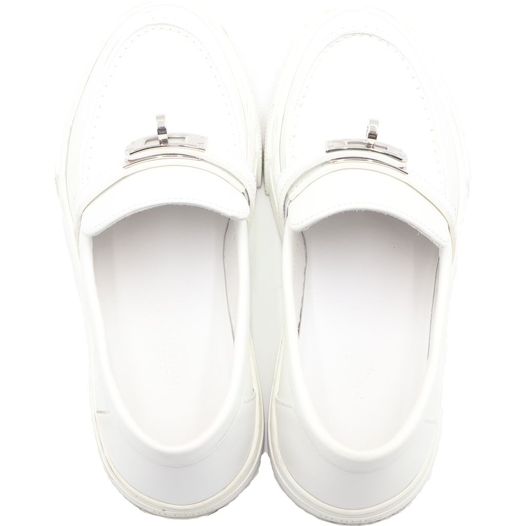 Hermes Game Kelly Buckle Sneakers White Leather Silver Shoes — view 4