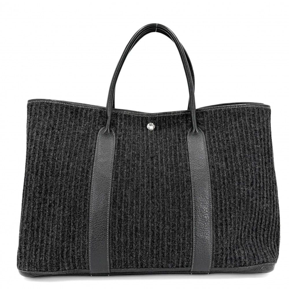 Hermes Handbag Pleated Garden Party GM 43 Tote Shoulder Felt Leather Black