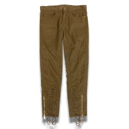 Gucci Lace Up Jodhpur Pants Linen Light Brown Polyurethane Cowhide