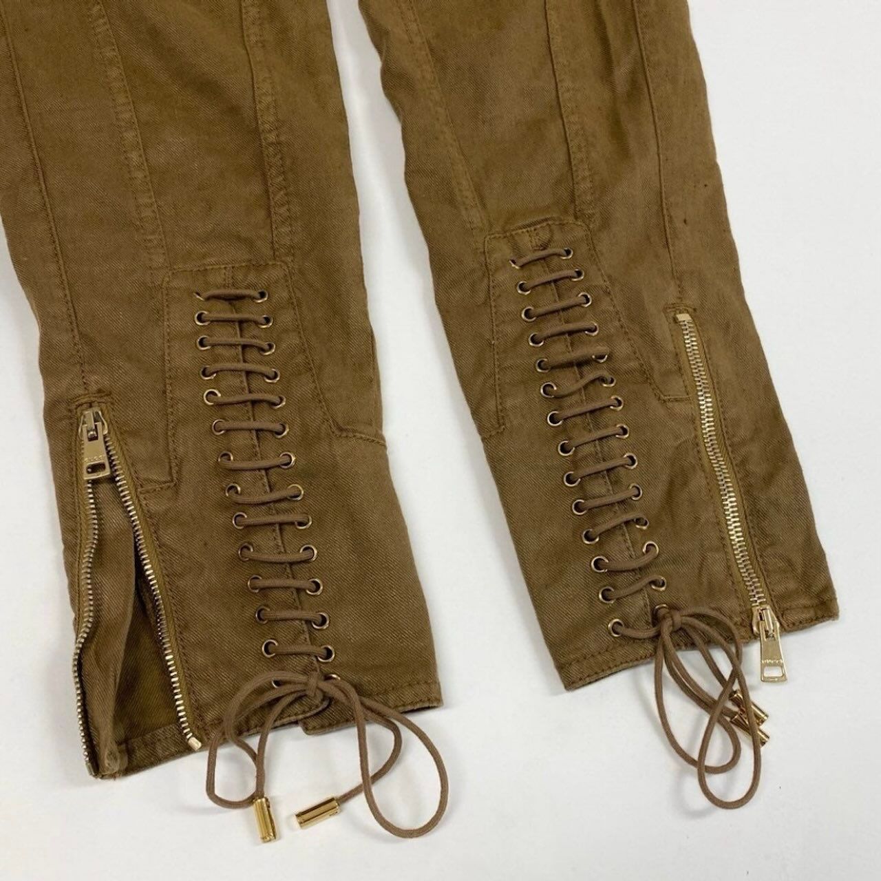 Gucci Lace Up Jodhpur Pants Linen Light Brown Polyurethane Cowhide — view 5