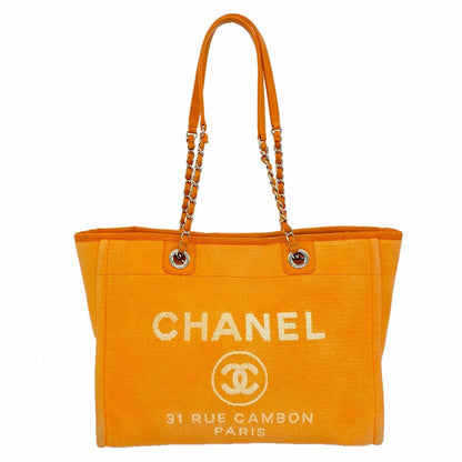 Chanel Chain Tote Deauville Canvas Orange Silver