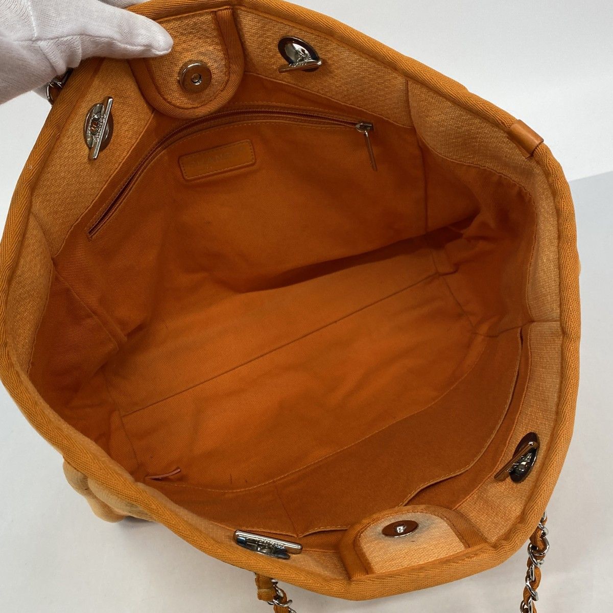 Chanel Chain Tote Deauville Canvas Orange Silver — view 4