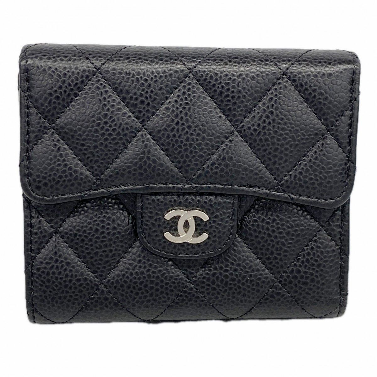 Chanel Trifold Wallet Quilted Caviar Leather Black Gold