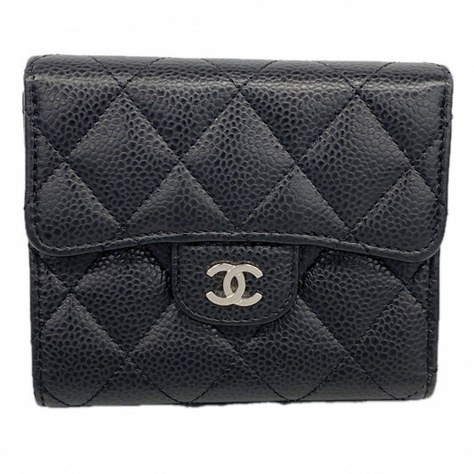 Chanel Trifold Wallet Quilted Caviar Leather Black Gold