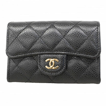 Chanel Card Case Quilted Caviar Leather Black Gold