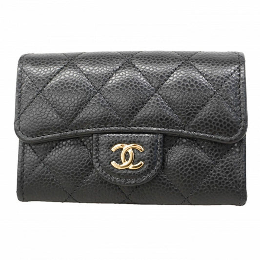 Chanel Card Case Quilted Caviar Leather Black Gold