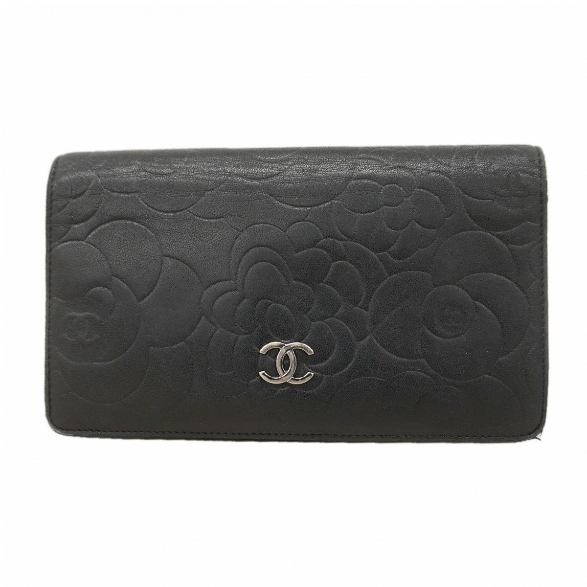 Chanel Wallet Camellia Lambskin Black Silver