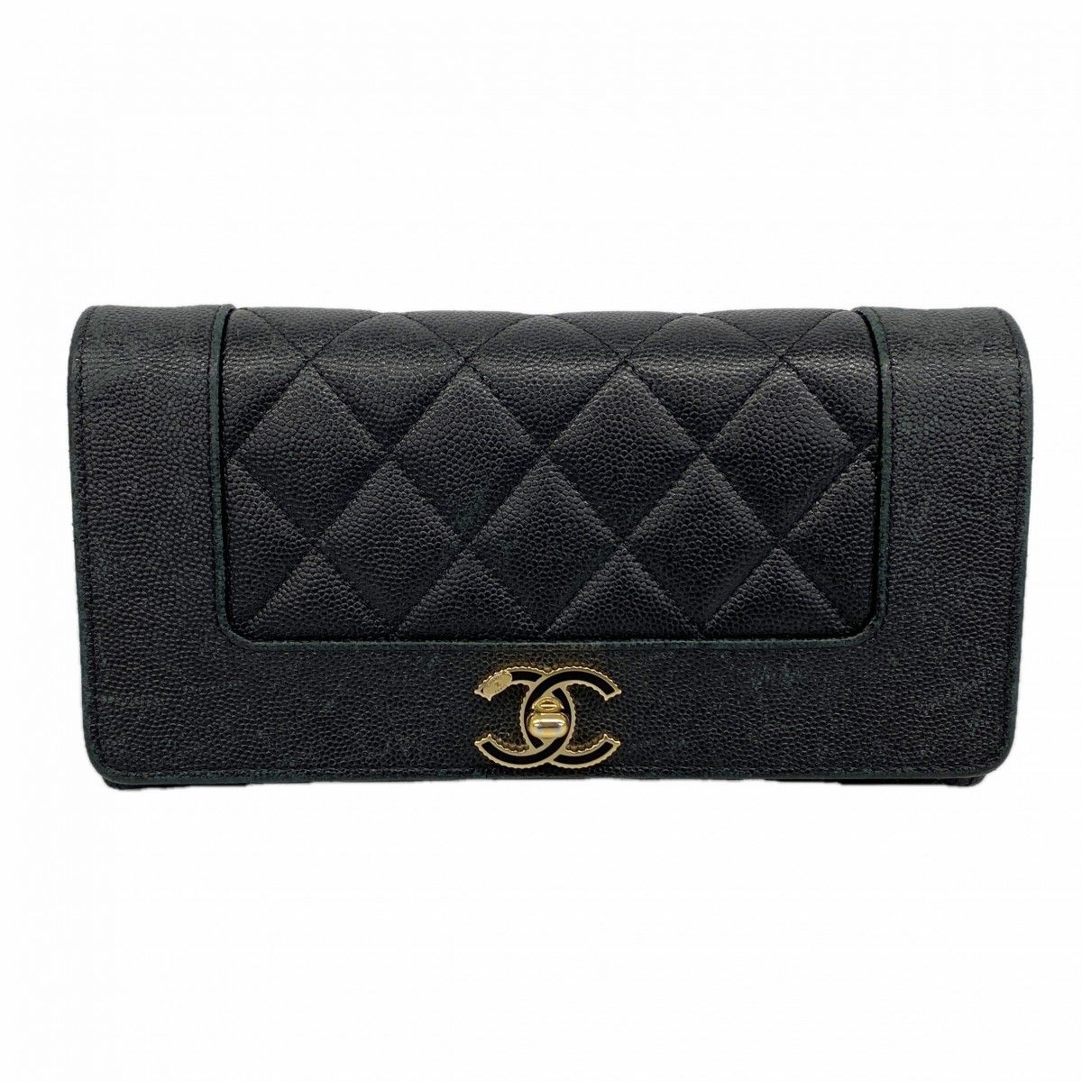 Chanel Wallet Mademoiselle Caviar Leather Black Champagne Gold