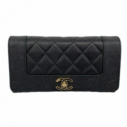 Chanel Wallet Mademoiselle Caviar Leather Black Champagne Gold